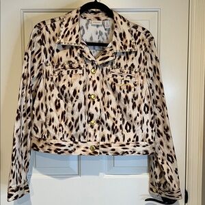 Chico’s Cropped Leopard Print Jacket Gold Studs Buttons Size L